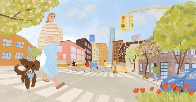 Maple crossing the street in the big city